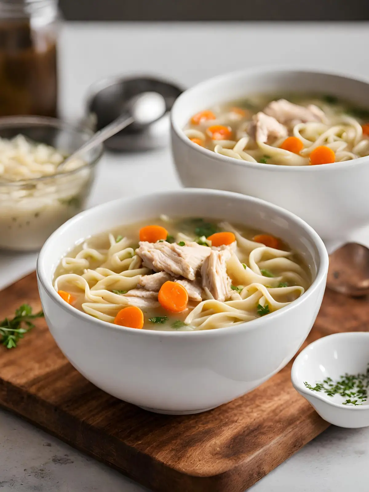 Two bowls of chicken noodle soup on a wooden cutting board on a counter in the kitchen.