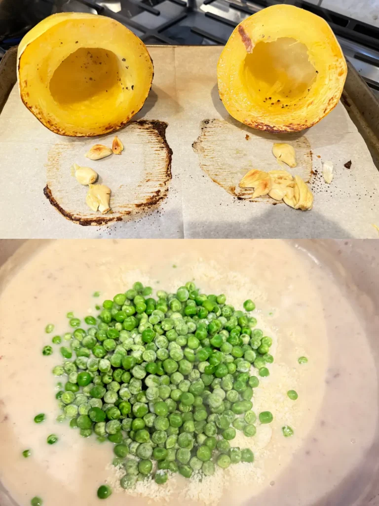 Two pictures: the top showing two halves of spaghetti squash with garlic cloves after resting and a pic of the cream sauce with peas in it.