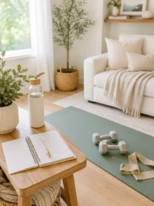A set of dumbbells on a yoga mat next to a couch in the living room and a pad of paper open on a table next to it.