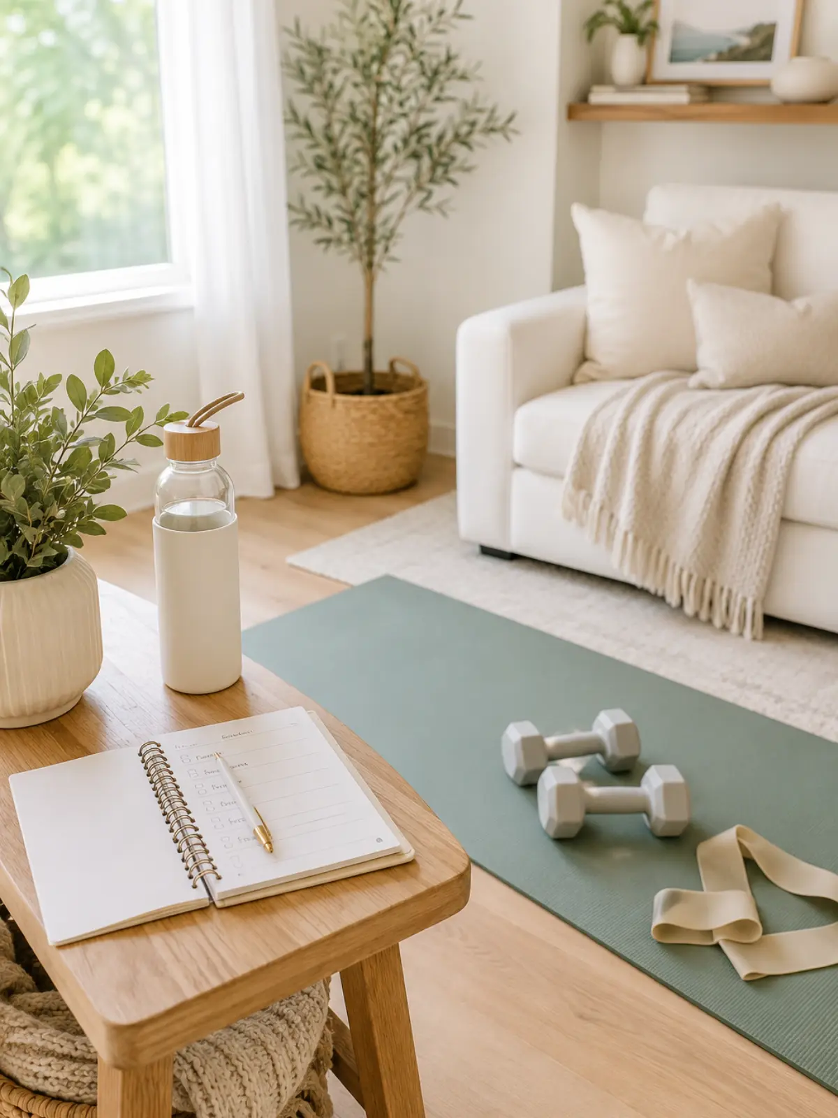 A set of dumbbells on a yoga mat next to a couch in the living room and a pad of paper open on a table next to it.
