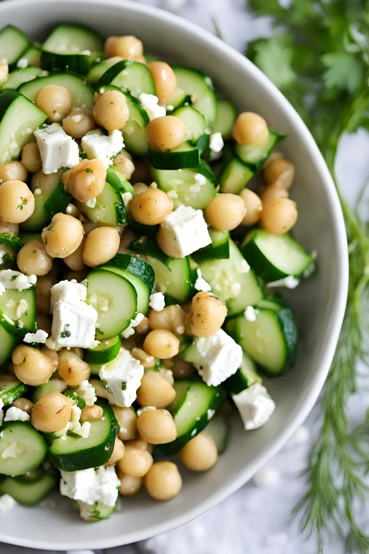 Chickpea, feta cheese and cucumber salad on a counter.
