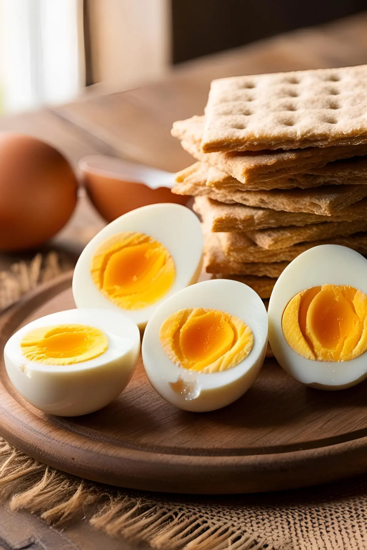 Hard-boiled eggs cut in half on a platter on a table next to egg shells and whole wheat crackers stacked on top of one another.
