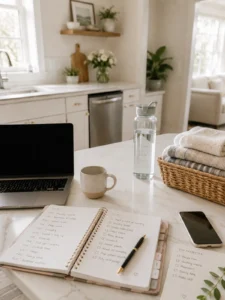 A laptop next to a pad of paper with a schedule on it on an island in a kitchen next to a coffee cup.