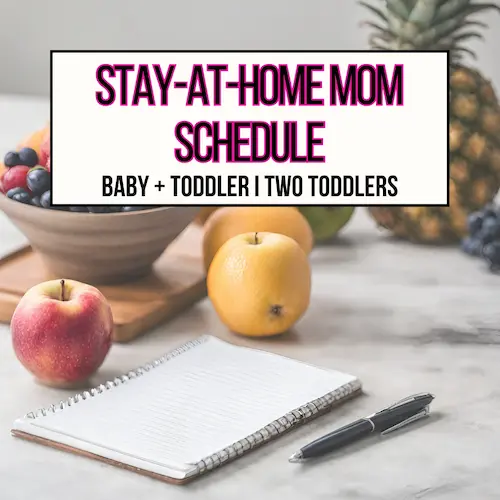 A notepad on a kitchen counter surrounded by fruit for stay-at-home mom schedule main header image.
