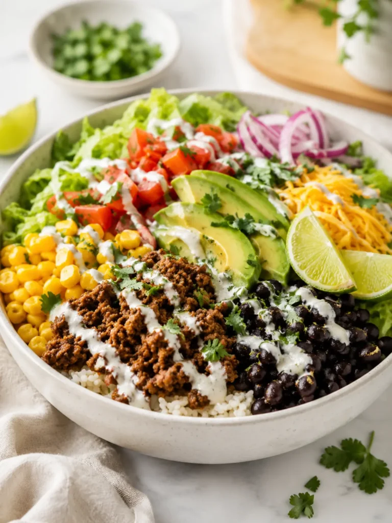 A fully assembled ground beef and black bean taco bowl on a table.