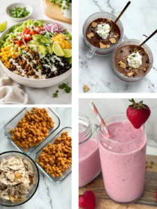 A collage of a protein smoothie, a taco bowl, chocolate protein puddings, a bowl of rotisserie chicken and bowls of protein pasta.