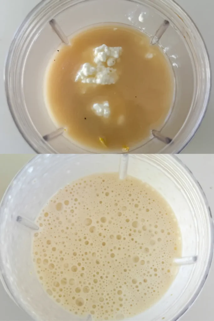 Two images, one portraying a birds-eye view of a blender cup with the sauce ingredients in it and the bottom photo is the cottage cheese sauce blended in a blender cup.