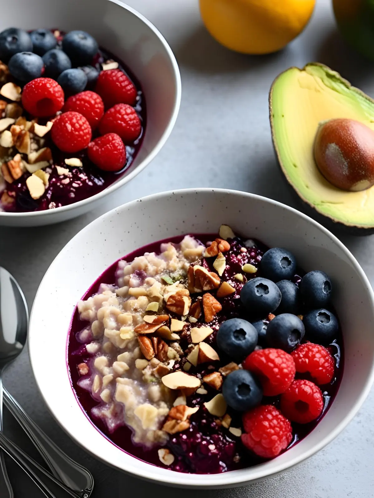 A bowl of oatmeal topped with chopped nuts and fresh fruit on a table.