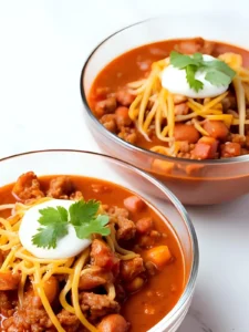 Two glass bowls of chili topped with cheese and sour cream on a counter.