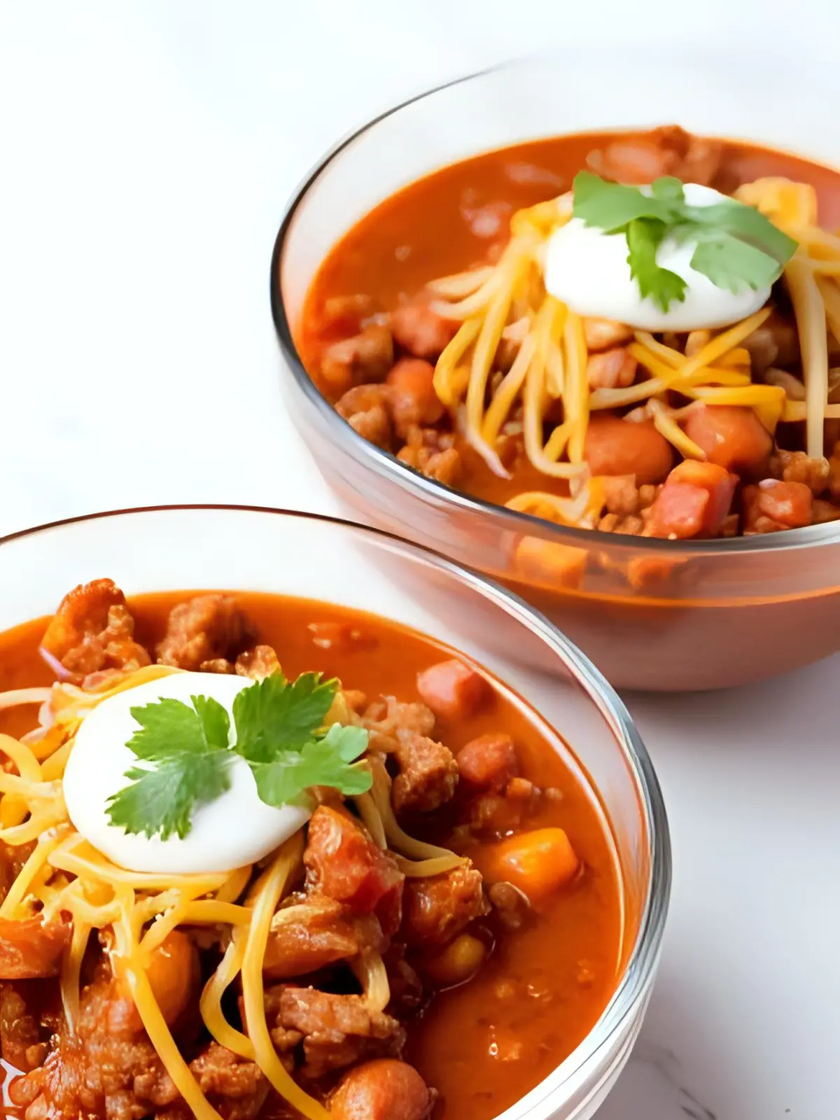 Two glass bowls of chili topped with cheese and sour cream on a counter.