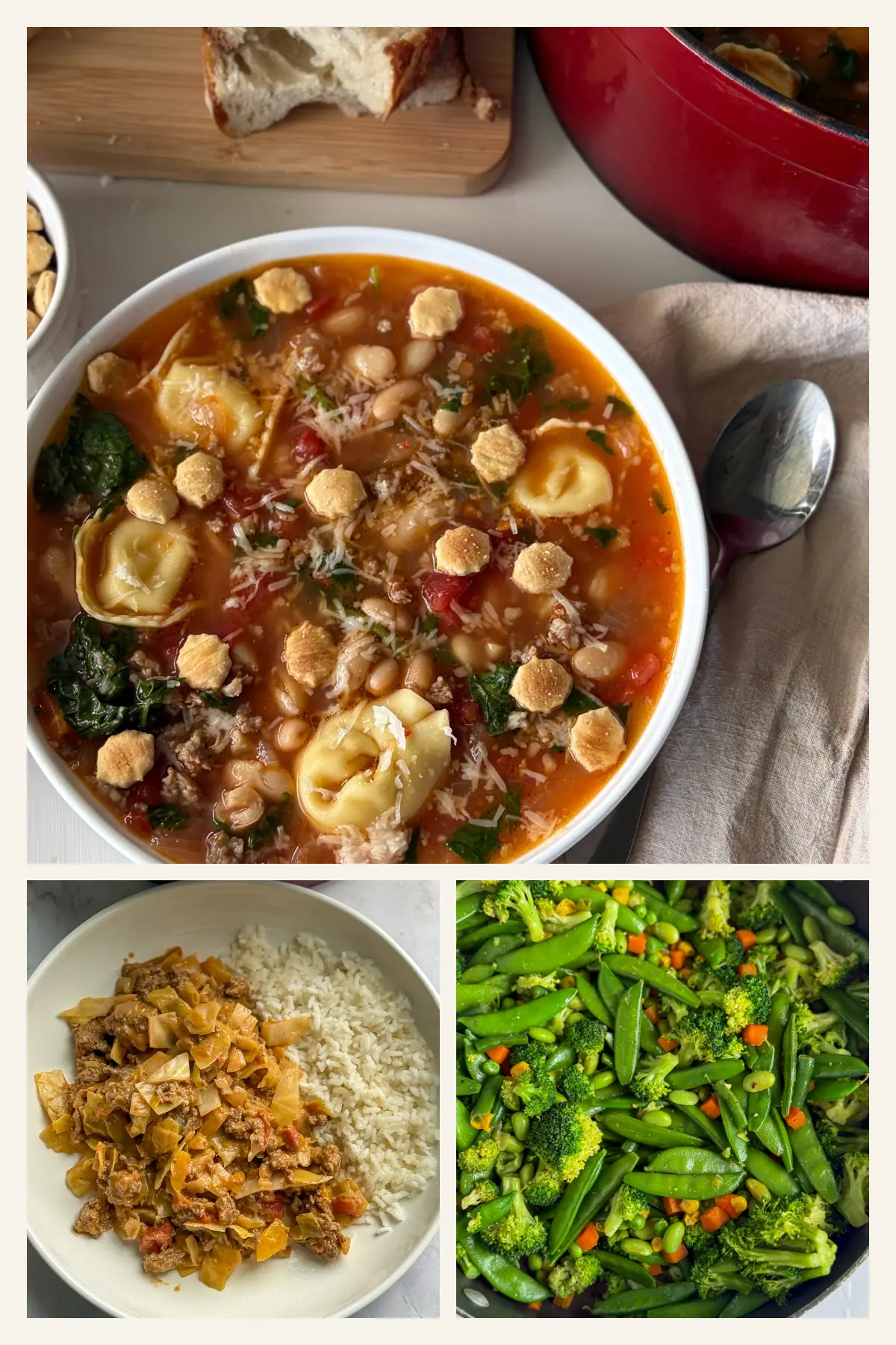 A bowl of soup, a plate of cabbage and rice and a lot of vegetables in a pan.