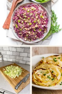 A collage of cabbage steaks, a bowl of shredded cabbage, and shredded cabbage on a cutting board with a knife.