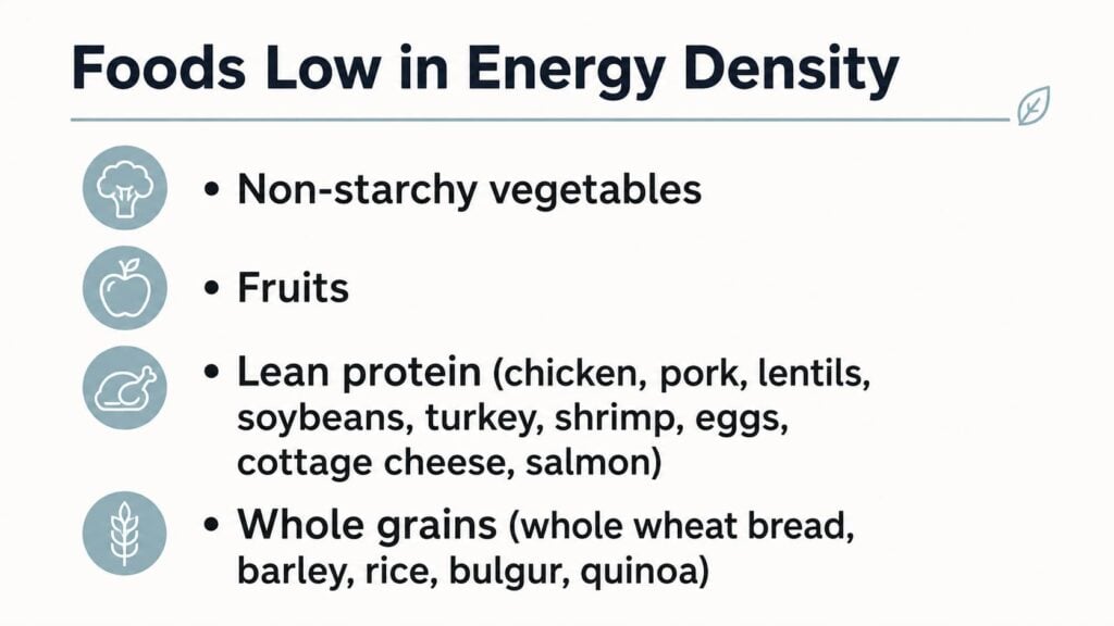 An infographic listing foods low in energy density.