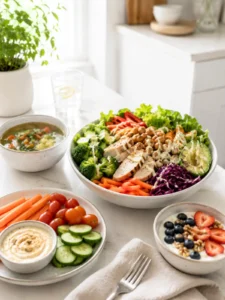 A large nutrient-dense salad, a plate of raw veggies and dip, and a bowl of soup on a table in a white kitchen.