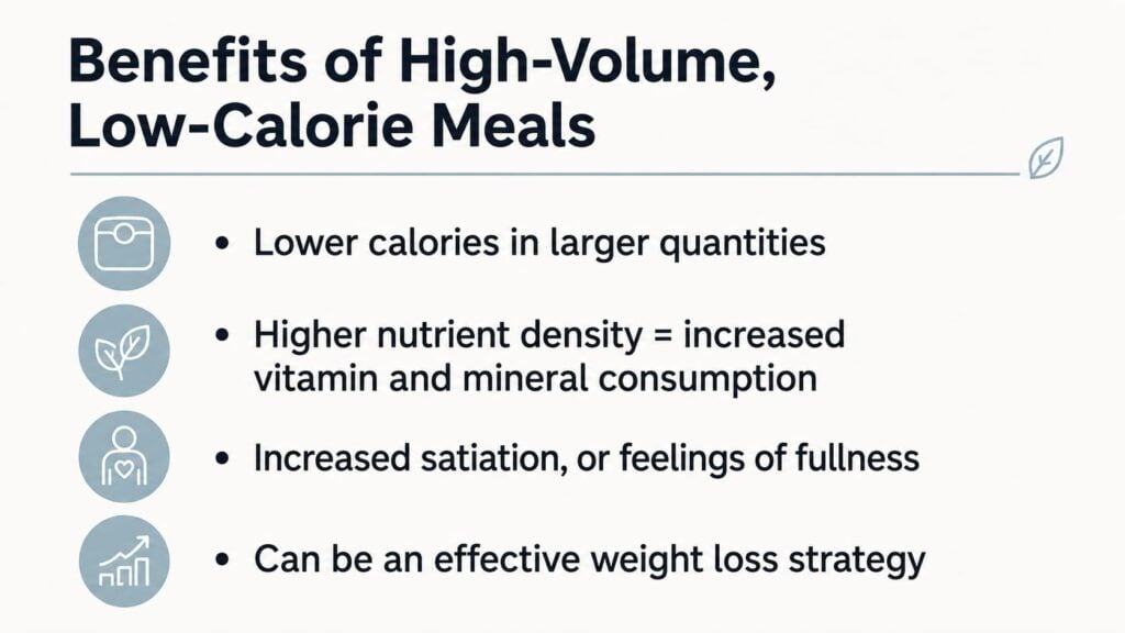 An infographic listing the benefits of high volume, low calorie meals.