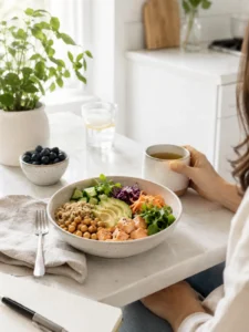 A woman eating a power bowl at a table and drinking coffee, taking her time, in a serene white kitchen.