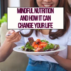 A woman eating a salad for mindful nutrition main header image.