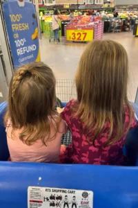An image of the backs of two little girls in a grocery cart sitting next to each other in a grocery store.