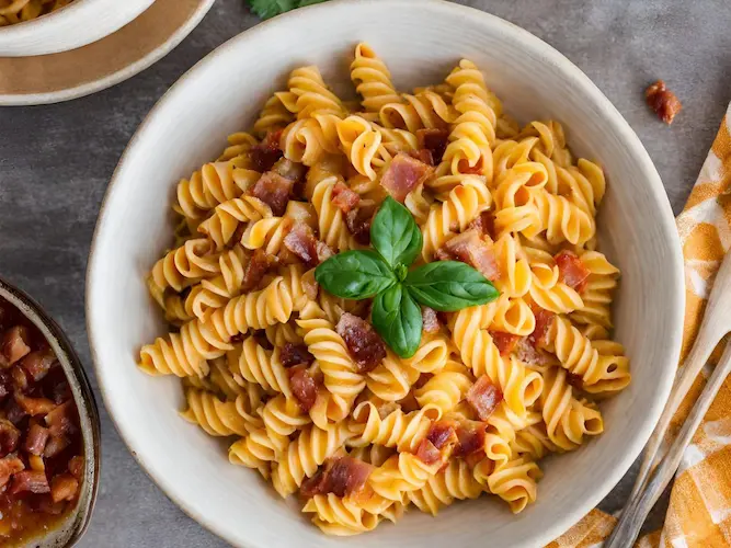 Butternut Squash Cottage Cheese Pasta Recipe Plated in a Large Bowl with Garnish
