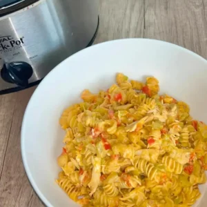 A large bowl of creamy buffalo chicken pasta with cottage cheese on a counter next to a slow cooker.