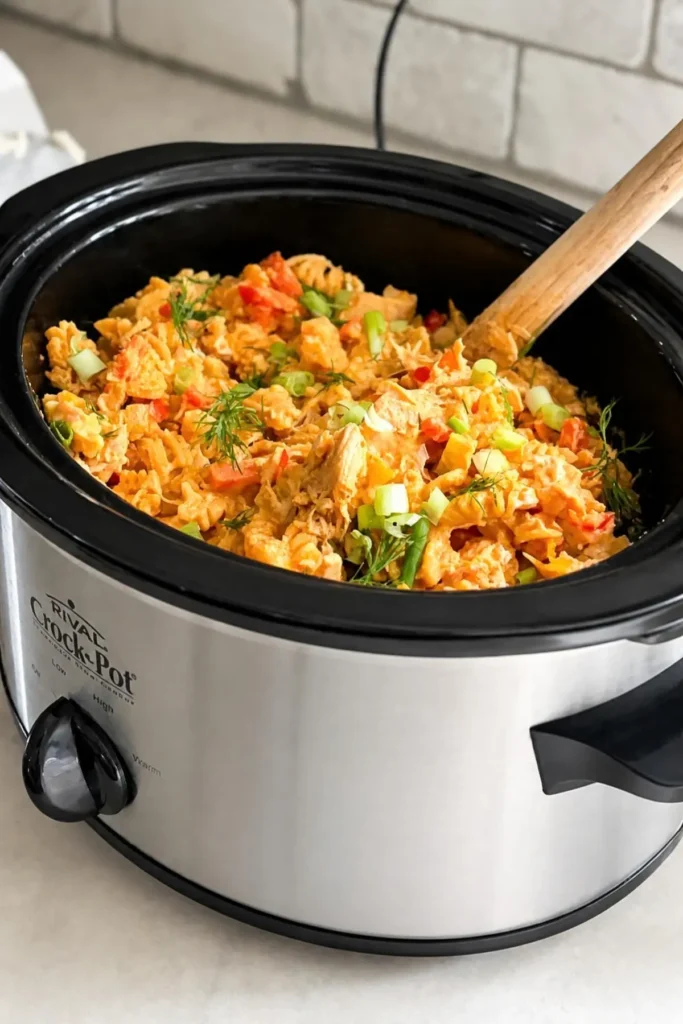Buffalo chicken cottage cheese pasta in a slow cooker with a wooden spoon in it on the counter,