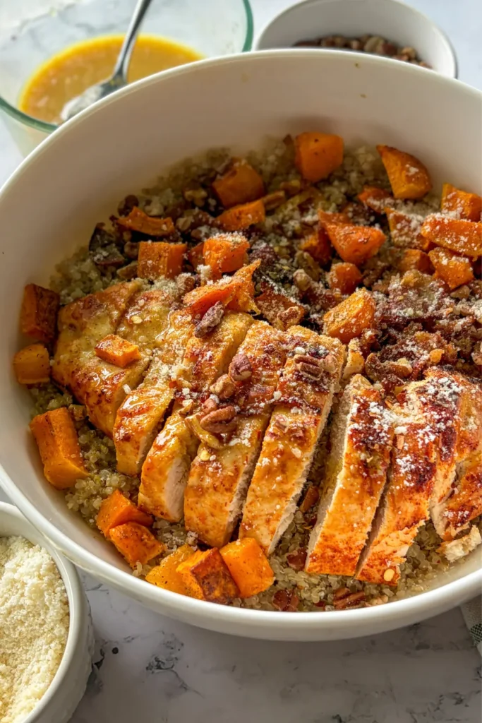 A birds-eye view of a large quinoa bowl topped with sliced chicken, butternut squash, bacon and parmesan on a table next to a bowl of parmesan.