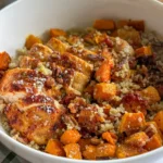A fully assembled butternut squash quinoa bowl in a large white bowl on a table next to a bowl of pecans.