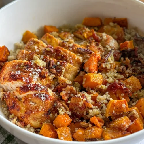 A fully assembled butternut squash quinoa bowl in a large white bowl on a table next to a bowl of pecans.