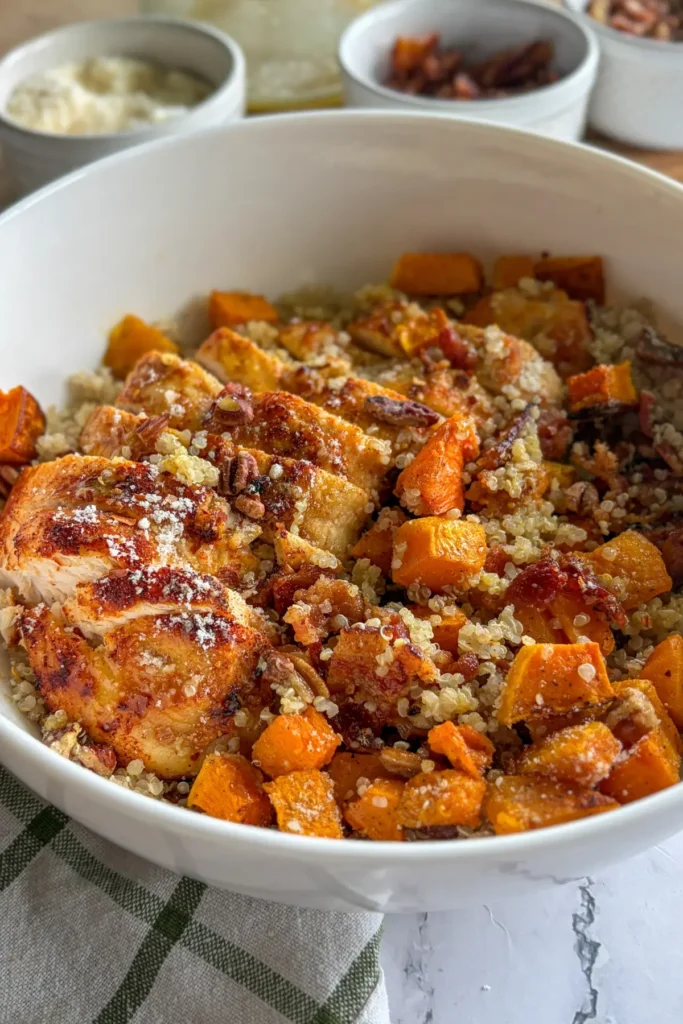 A fully assembled butternut squash quinoa bowl in a large white bowl on a table next to a bowl of pecans.