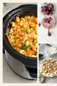 A collage of a crockpot of buffalo chicken cottage cheese pasta, a cherry smoothie and a s'mores dip.