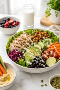 A large nutrient-dense salad in a bowl next to a bowl of fruit on a counter in a bright white kitchen.