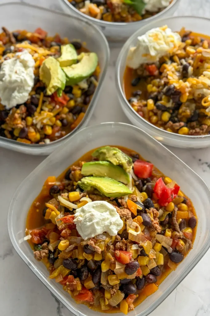 Three meal prep storage containers with taco chili in them topped with cheese, avocado and yogurt.