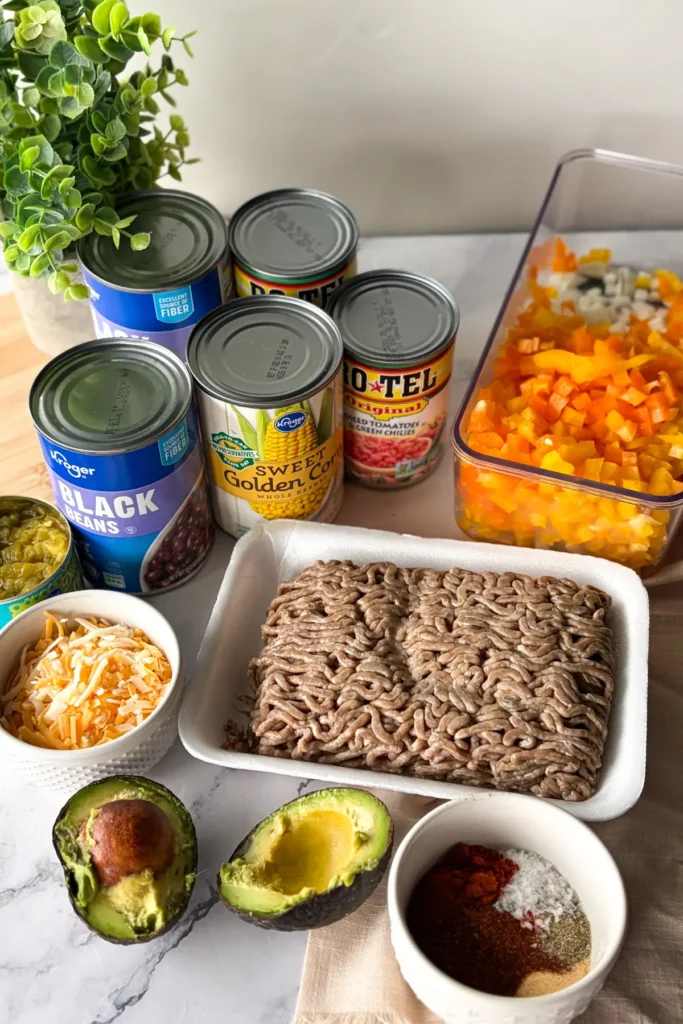 The ingredients for the Mexican chili on a counter.