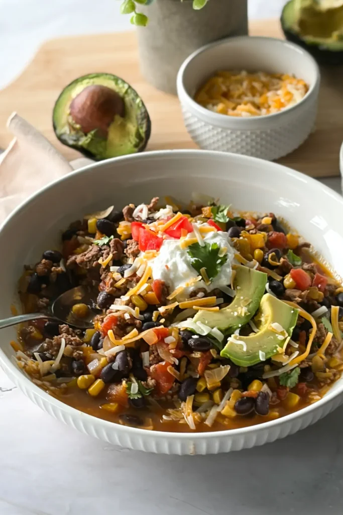 A close-up of a bowl of Mexican chili topped with yogurt and avocado slices next to an avocado half.