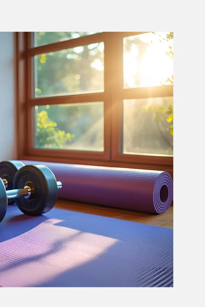 A set of dumbbells on a yoga mat next to a large window.