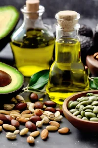 A glass jar of olive oil, avocados. and potatoes on a counter with nuts scattered around them.