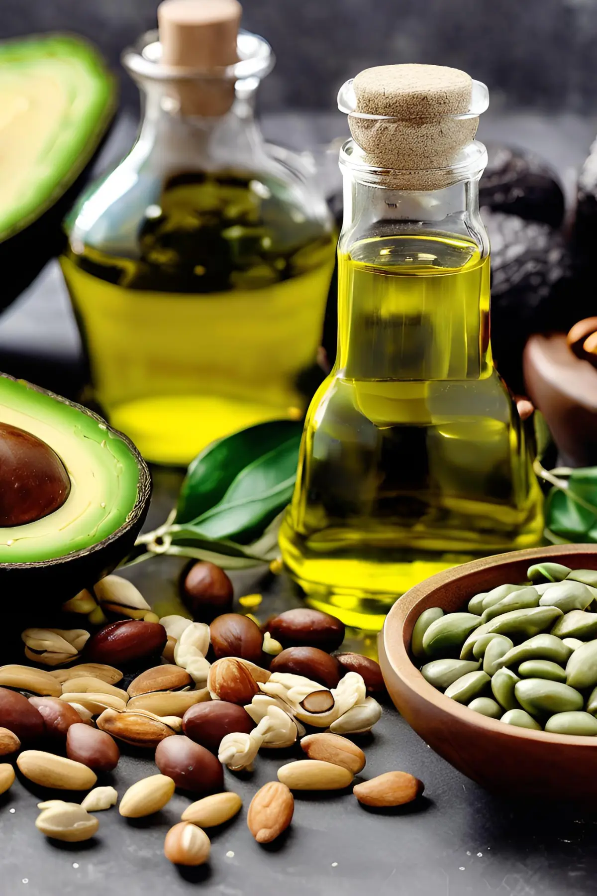 A glass jar of olive oil, avocados. and potatoes on a counter with nuts scattered around them.