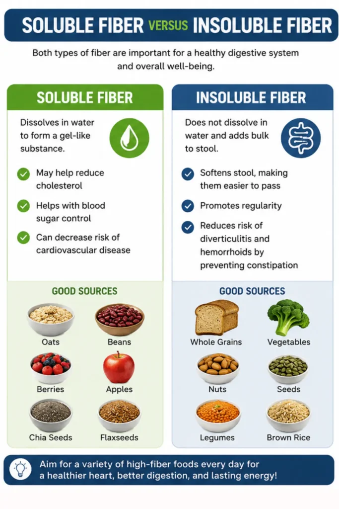 An infographic showing the difference between soluble and insoluble fiber and different food sources of each.