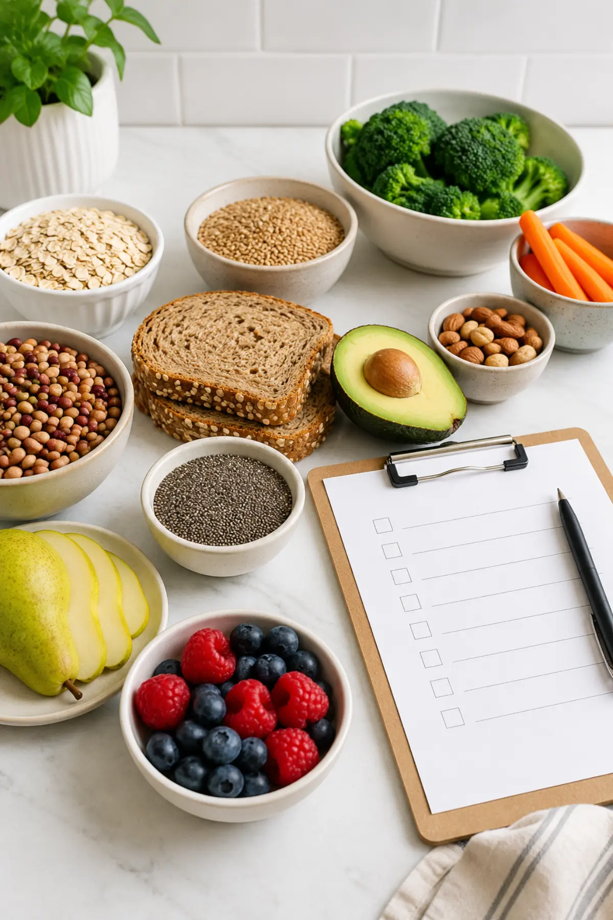 A piece of paper and a pen next to high fiber food sources on a counter.