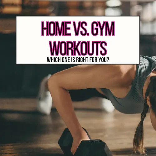 A woman doing pushups on the ground with a dumbbell for home vs gym workouts main header image.