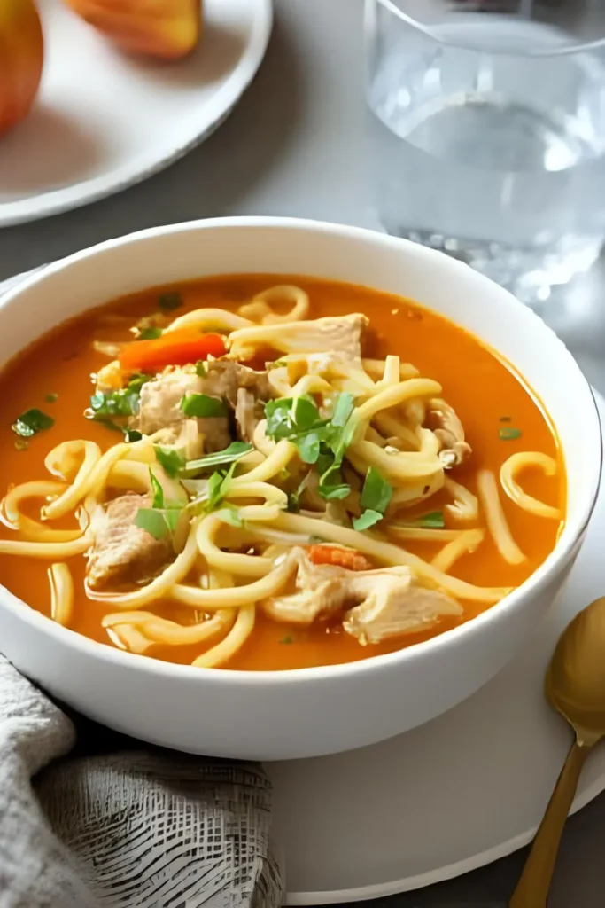 A bowl of chicken noodle soup on a table next to a glass of water.