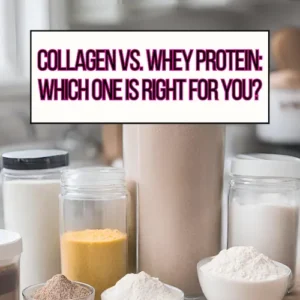 Protein powders in glass jars on a kitchen counter for collagen vs whey protein main header image.