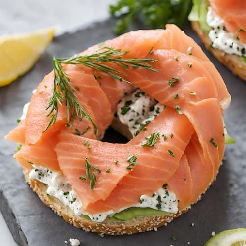 Smoked salmon bagel on a cutting board for a high protein breakfast with 30 grams of protein.
