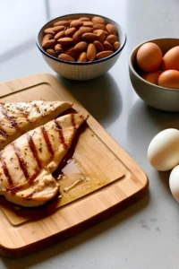 Two grilled chicken breasts on a cutting board on a counter next to a bowl of almonds and a bowl of eggs.