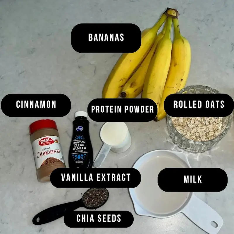 Ingredients on a counter for banana cinnamon overnight oats.