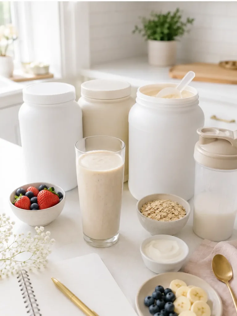 Three large containers of protein powder next to a smoothie on a counter in a bight white kitchen.