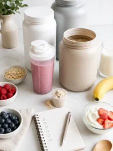 A pad of paper and a pen next to different protein powders, a smoothie, and fresh fruit on a white counter.