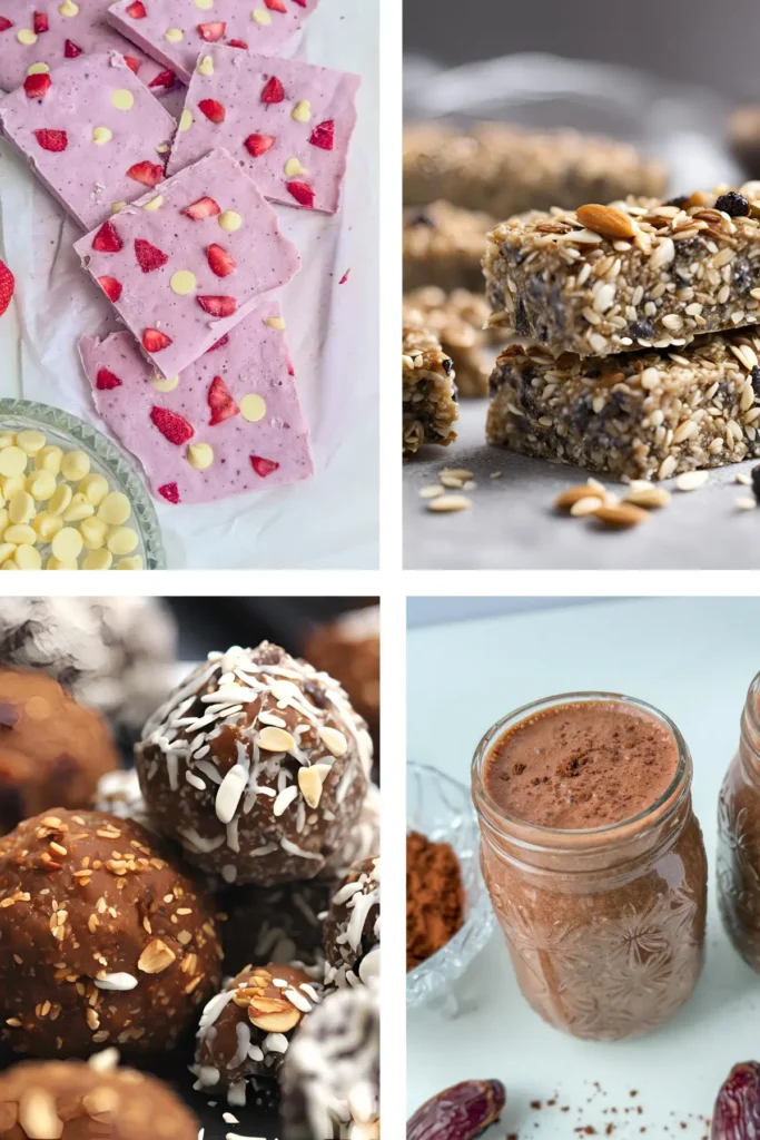 A collage of four different breastfeeding snacks: cottage cheese bark, homemade granola bars, energy bites, and a collagen smoothie.