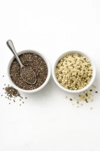 A small bowl of chia seeds with a spoon in it next to a bowl of hemp hearts.