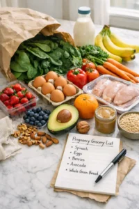 A bag of groceries spilling out onto a countertop next to a pad of paper that says "pregnancy grocery list".